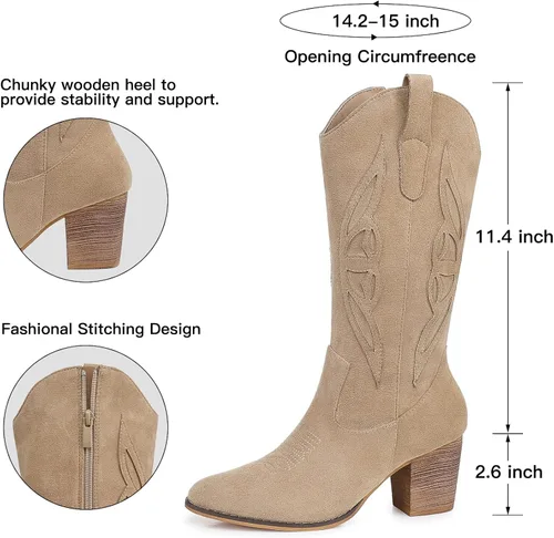 Vista 6 de SHIBEVER Botas vaqueras para mujer Medio Botas vaqueras negras de pantorrilla ancha con bordado occidental de tacón alto con punta redonda