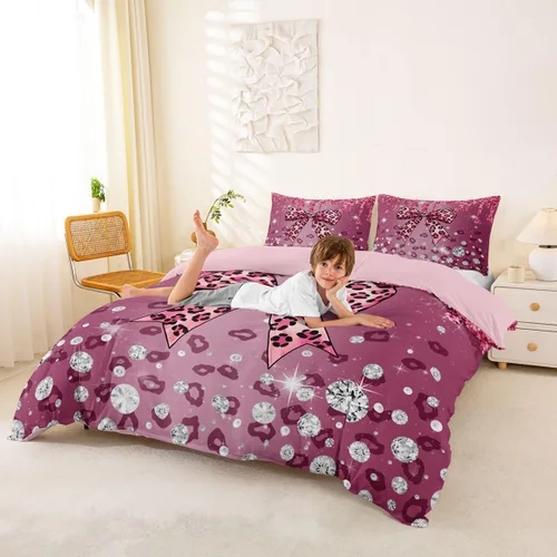 Vista 33 de Feelyou Coquette Bow Bedding Set Twin Size Leopared Bows Comforter Cover for Kids Teens Adults Glitter Diamond Blue Duvet Cover Cute Bowknot Room