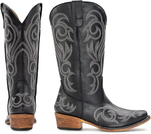 Vista 2 de IUV Botas vaqueras para mujer, botas vaqueras de media pantorrilla, botas vaqueras con punta puntiaguda