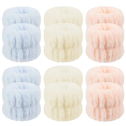 12 pulseras de microfibra para spa, toallas de muñeca para lavado facial, bandas para los brazos para evitar derrames de líquidos (beige, azul, rosa