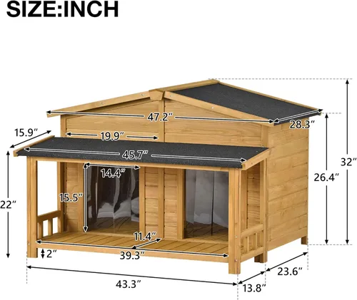 Vista 2 de RITSU Casa grande de madera para perros de 47.2 pulgadas para exteriores, exteriores e interiores, jaula para perros con porche, 2 puertas