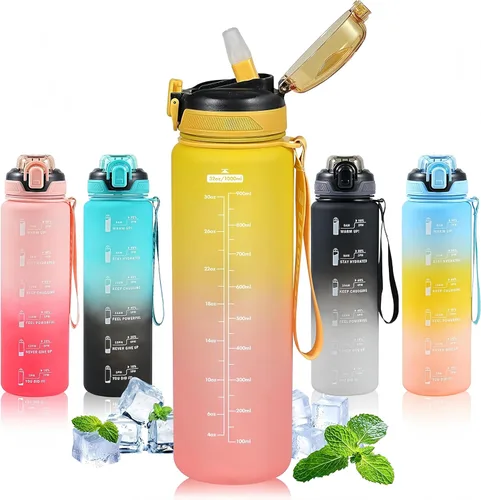 Vista 18 de Botella de agua con popote de 1 litro, botellas de agua para niños con popote de 1 litro, botella de agua deportiva a prueba de fugas, botellas