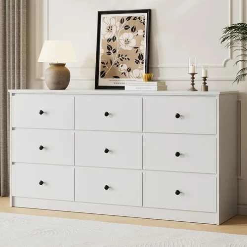 Vista 11 de Tradare Cómoda negra para dormitorio, cómoda de 6 cajones con asas doradas, armario de almacenamiento grande, moderna cómoda organizadora de cajones