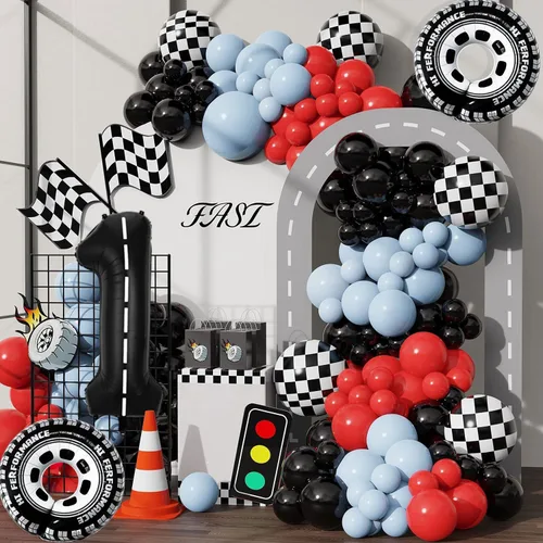 Vista 3 de Decoraciones de fiesta de auto de carreras, globos de neumáticos con ruedas de Mylar, globo grande de 40 pulgadas negro número 1 para el primer