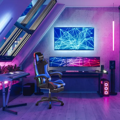 Vista 7 de Silla para videojuegos, silla de computadora con reposapiés y soporte lumbar, silla de juego de altura ajustable con asiento giratorio de 360°