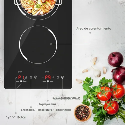 Vista 10 de GIHETKUT Placa de cocción de doble inducción, 4000 W, 2 quemadores, placa de inducción con pantalla táctil LED, 10 niveles de ajustes con bloqueo