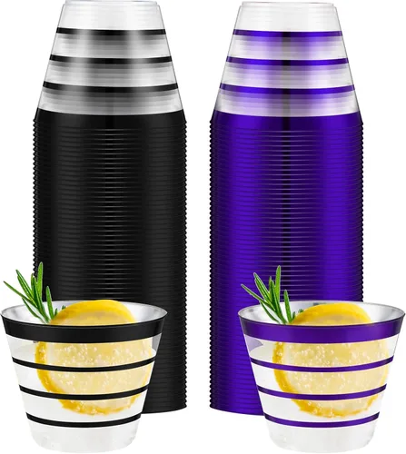 Vista 7 de Gejoy Vasos de plástico a rayas con borde de 9 onzas, desechables a granel, para beber de plástico duro para copas de cóctel, vasos para bodas, Negro