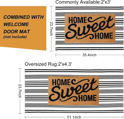 Vista 2 de Alfombra de exterior a rayas blancas y negras, 2 x 3 pies, de algodón, moderna, tejida a mano, reversible, para porche, puerta de bienvenida