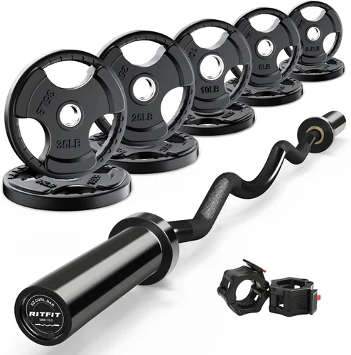 Vista 12 de RitFit Barra olímpica EZ Curl Bar de 2 pulgadas con placas de peso y collar