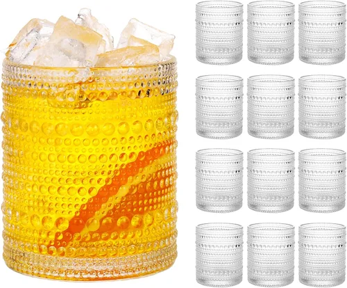 Vista 8 de Moretoes Hobnail - Juego de vasos de cóctel de 12 onzas, vasos de cóctel vintage, vasos de vidrio texturizado, vasos de burbujas, vasos de agua, Azul