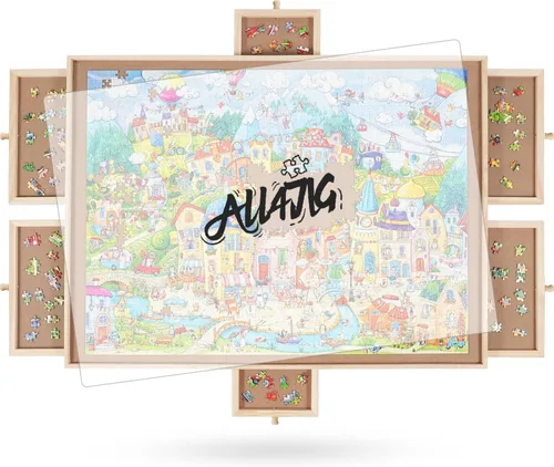 Vista 10 de ALL4JIG Tablero de rompecabezas giratorio de 1000 piezas con 4 cajones de 20.94 x 28.74 pulgadas, mesa de rompecabezas portátil de madera