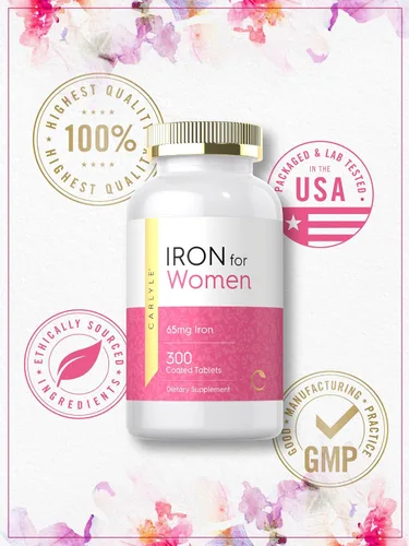 Vista 6 de Carlyle Suplemento de hierro para mujeres de 65 mg 300 tabletas recubiertas Vegetariano, sin OMG y sin gluten