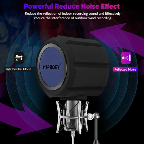 Vista 4 de Paravientos de micrófono con filtro pop con soporte de micrófono de regalo y soporte para teléfono, escudo de grabación, bola de aislamiento