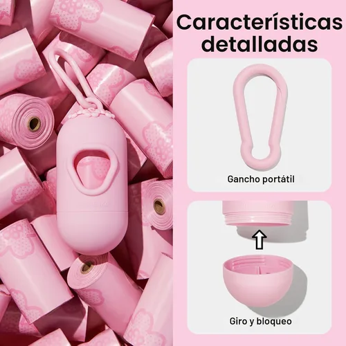 Vista 4 de VETRESKA Dispensador de bolsas para caca de perro con bolsas perfumadas con aroma a flor de cerezo, bolsas para residuos de mascotas a prueba