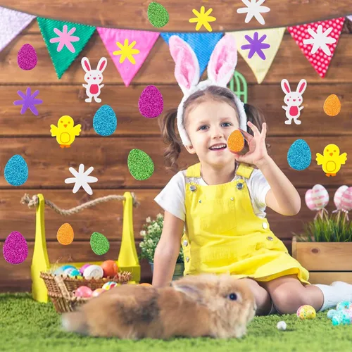 Vista 5 de JULBEAR - 300 unidades de calcomanías de espuma de Pascua, calcomanías de primavera, calcomanías decorativas en masa con forma de huevo, conejo