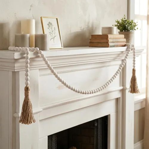 Vista 6 de Cuentas estilo granja, guirnalda de cuentas de madera de 58 pulgadas con borlas, decoración rústica de campo, cuentas bohemias de oración