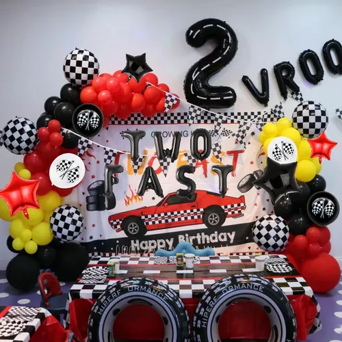 Vista 6 de Globos de fiesta de segundo cumpleaños de auto de carreras, dos globos de letras rápidas de 40 pulgadas, globo de número 2 negro para decoración