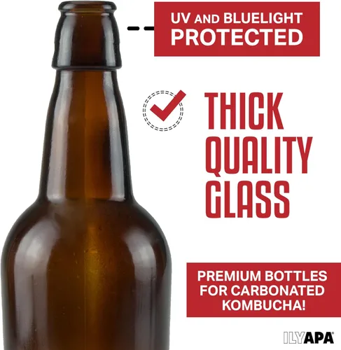 Vista 3 de Ilyapa Botellas de vidrio de 16 onzas con tapa abatible, color ámbar, paquete de 12 con tapa hermética, para elaboración casera, kombucha