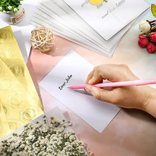 Vista 7 de Fabbay Juego de 50 envolturas de invitaciones de boda, sobre para invitaciones de 5 x 7 pulgadas, autoadhesivas, sello de cera dorada, flores secas