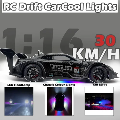 Vista 3 de HTURCCOP 1:16 RC Drift Car 2.4GHz Spray 4WD Luces LED de Alta Velocidad de Control Remoto de 30+KM/H 2 Baterías 60Min Velocidad Variable