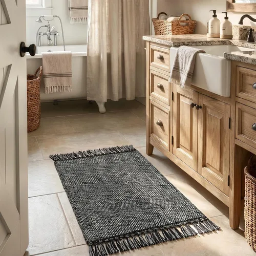 Collive Alfombra de Baño Negra, 2' x 3' Tejida a Mano Lavable Alfombras Pequeñas de Cocina, Alfombra de Entrada Reversible de Algodón Alfombra