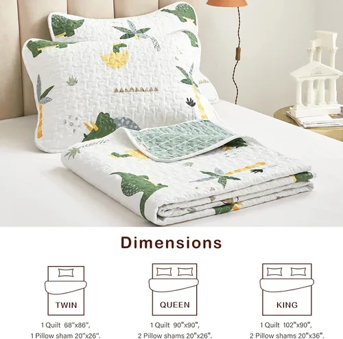 Vista 6 de Joyreap Juego de edredón de algodón de 2 piezas, tamaño individual, diseño de dinosaurio color verde para niños y niñas, funda de edredón suave