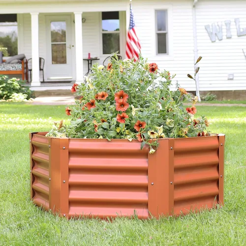 Vista 7 de Sunnydaze Kit de cama de jardín elevada de acero hexagonal de 41 pulgadas, maceta de metal para plantas, flores, verduras y hierbas, color marrón