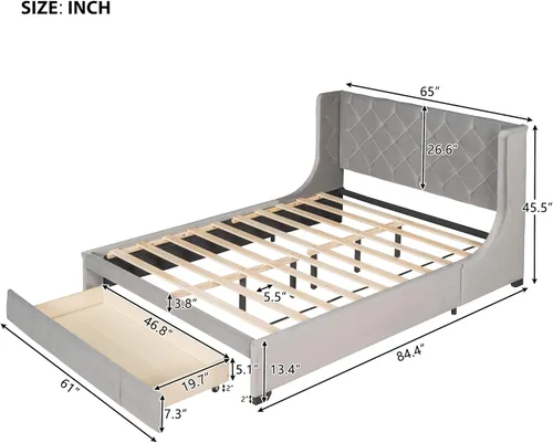 Vista 171 de SOFTSEA Cama de plataforma tapizada tamaño Queen con cajón de almacenamiento, marco de cama tapizado con cabecera con respaldo de alas, soporte