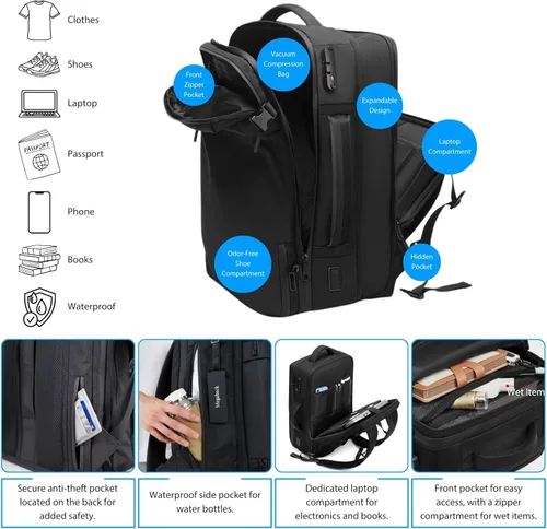 Vista 7 de Mochila de viaje al vacío, mochila de vacío de aire expandible de 70 L para viajes, bolsas de vacío de viaje Vacpack con bomba, bloqueo TSA, puerto