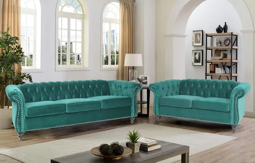 Vista 47 de RARZOE Juego de 3 piezas de muebles de sala de estar, sofá Chesterfield de terciopelo moderno, silla de club Chesterfield y sofá de dos plazas Mango