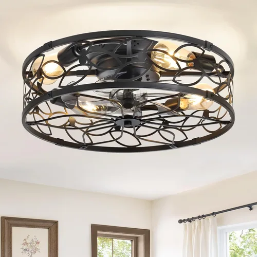 Vista 14 de Ventiladores de techo enjaulados con luces LEDIARY, ventilador de techo de granja de montaje empotrado con control remoto, ventilador de techo