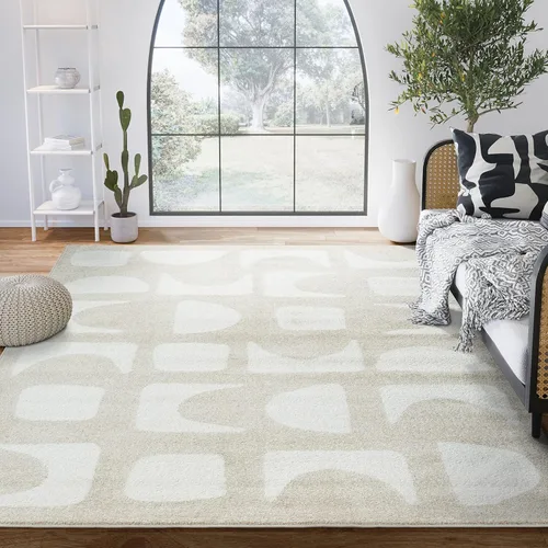 Abani Nuevo Collection - Alfombra de área, diseño geométrico moderno beige/crema, 4 x 6 pies, fácil de limpiar, duradera para niños y mascotas, no