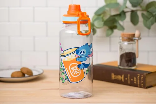 Vista 9 de Silver Buffalo Lilo and Stitch - Botella de agua de plástico con boquilla giratoria de té de burbujas con calcomanías holográficas You Stick
