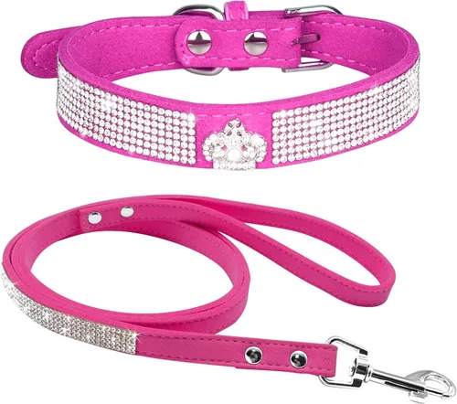 Vista 20 de Conjunto de collar y correa para perro y gato, material de piel de ante suave, deslumbrante y elegante con diamantes de imitación de cristal, collar