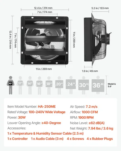 Vista 7 de VEVOR Ventilador de escape de 10 pulgadas, ventilador de ático montado en la pared con velocidad variable, controlador de temperatura y humedad