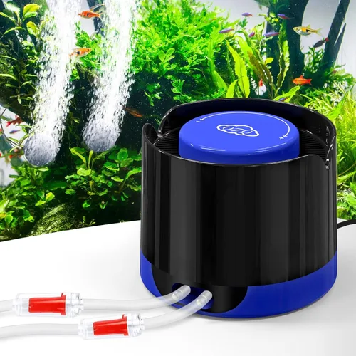 Vista 8 de QZQ Bomba de aire para acuario, bomba de aire silenciosa para tanque de peces con dos salidas, potente bomba de oxígeno ajustable de 3 W/5 W
