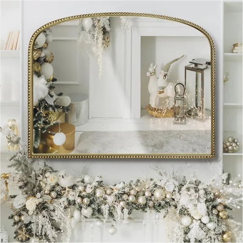 Vista 8 de Espejo de pared arqueado de oro antiguo, 36 x 28 pulgadas con marco de cuentas de metal, espejo decorativo para chimenea, dormitorio, sala de estar