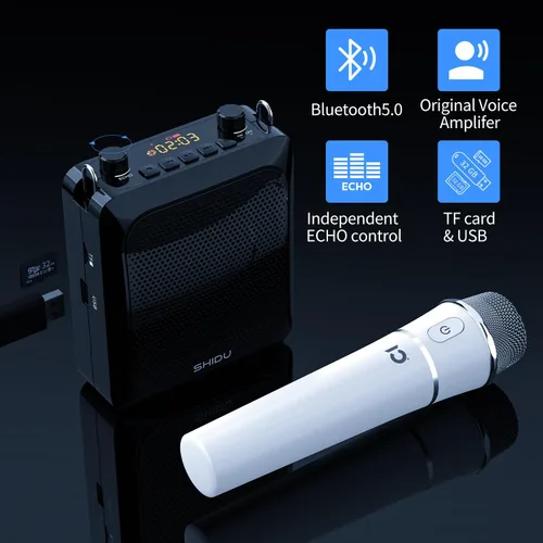 Vista 2 de SHIDU Amplificador de voz de 25 W Altavoz portátil con micrófono inalámbrico Sistema PA personal Batería recargable de 2000 mAh para profesores Aula