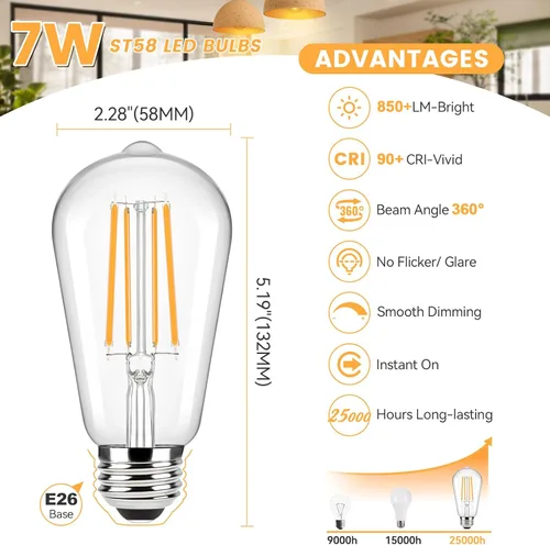 Vista 2 de Brightever Bombillas ámbar regulables equivalentes a 60 W, bombillas LED Edison vintage de 2200 K, 850 LM, 90+CRI, 7 W ST58 E26, bombilla LED