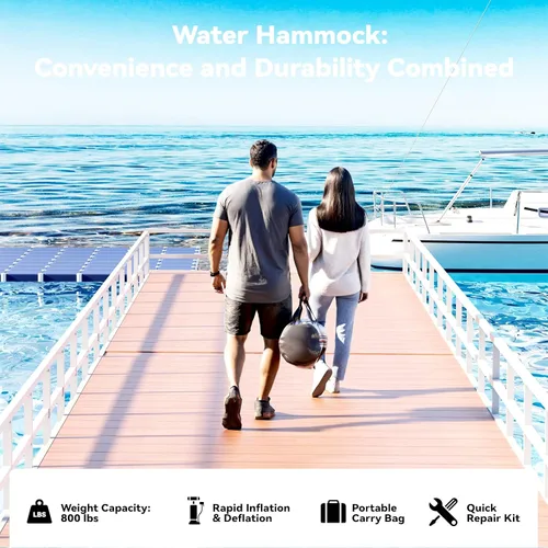 Vista 6 de 6-12FT Round Inflatable Floating Dock, Sunchill Float Ring, Water Hammock Tanning Pool Floats with Woven Fabric, Manual Pump for Quick