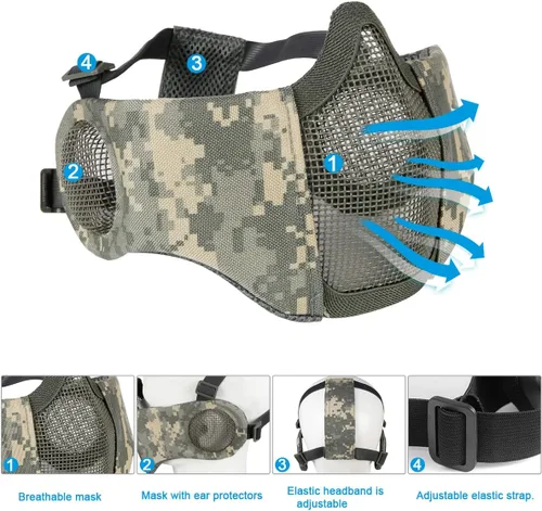 Vista 3 de Máscara de Airsoft con Gafas, Máscara de Malla Plegable de Media Cara con Protección para los Oídos para Paintball, Tiro, Cosplay, Juego CS