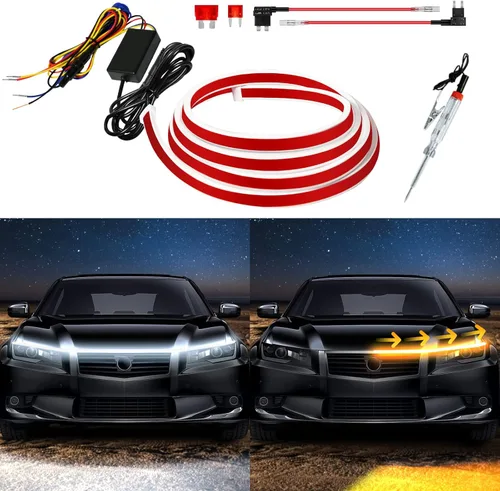 Vista 7 de Tira de luz LED para capó exterior de coche, kit de haz de arranque de escaneo dinámico de doble color, luces de circulación diurna LED blancas