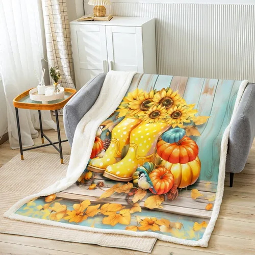 Manfei Manta de otoño con botas amarillas y hojas de calabaza, manta de cama para niños y niñas, manta de tablones de madera azul para sofá, manta