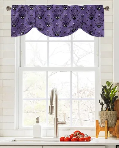 Vista 4 de Cenefas de ventana de calabaza de Halloween, cortinas de cocina, cortinas para sala de estar, dormitorio, baño, lavable, pequeña mansión encantada