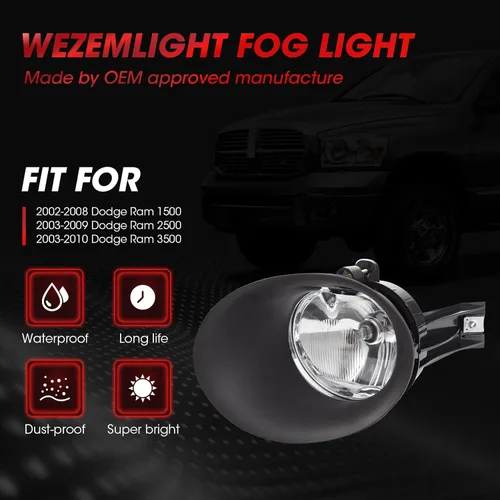 Vista 5 de Conjunto de luces antiniebla de repuesto para 2002-2008 Ram 1500, 2003-2009 Ram 2500, 2003-2010 Ram 3500 camioneta pickup, 2005-2006 Durango