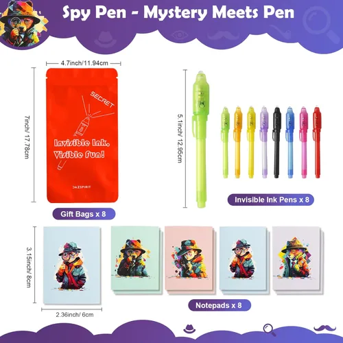 Vista 2 de DazSpirit Paquete de 8 bolígrafos de tinta invisible con luz UV, blocs de notas de detectives y bolsas de regalo, premios de aula, rellenos de caja