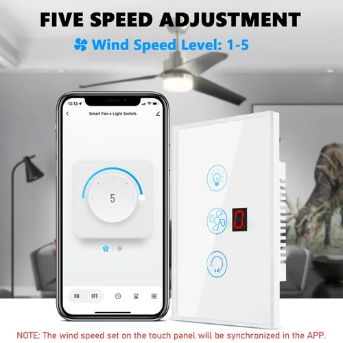 Vista 3 de Interruptor de luz inteligente WiFi para ventilador de techo, interruptor de pared inteligente de 5 velocidades, compatible con Alexa Google Home
