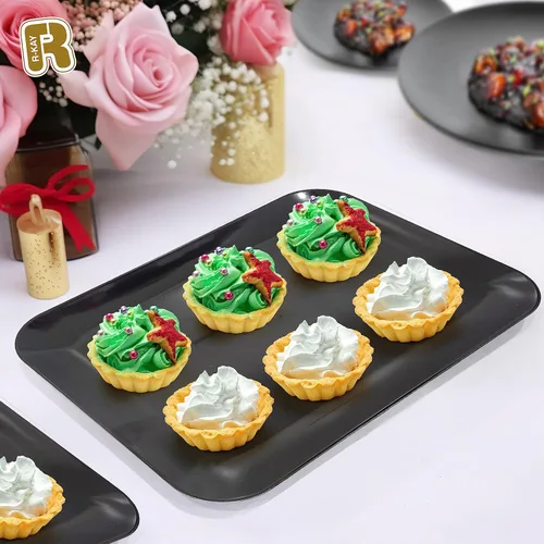 Vista 4 de Paquete de 3 bandejas de plástico negro para servir – Bandeja negra de 8 x 11 pulgadas – Bandejas de postre resistentes para alimentos – Bandejas