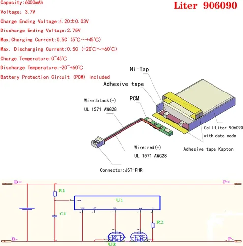 Vista 2 de Liter energybattery 3.7V Lipo Batería 6000mAh Batería recargable de polímero de iones de litio 906090 con conector JST