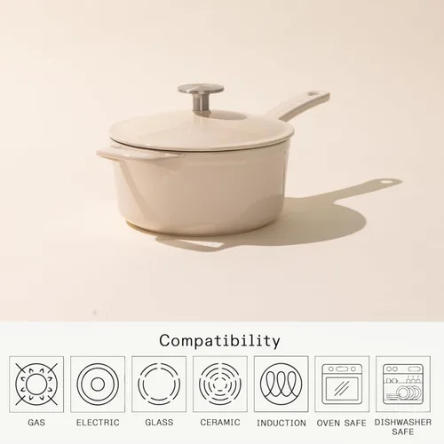 Vista 4 de Made In Utensilios de cocina Cacerola de hierro fundido esmaltado de 2 cuartos con tapa (blanco antiguo) Hierro fundido esmaltado a mano